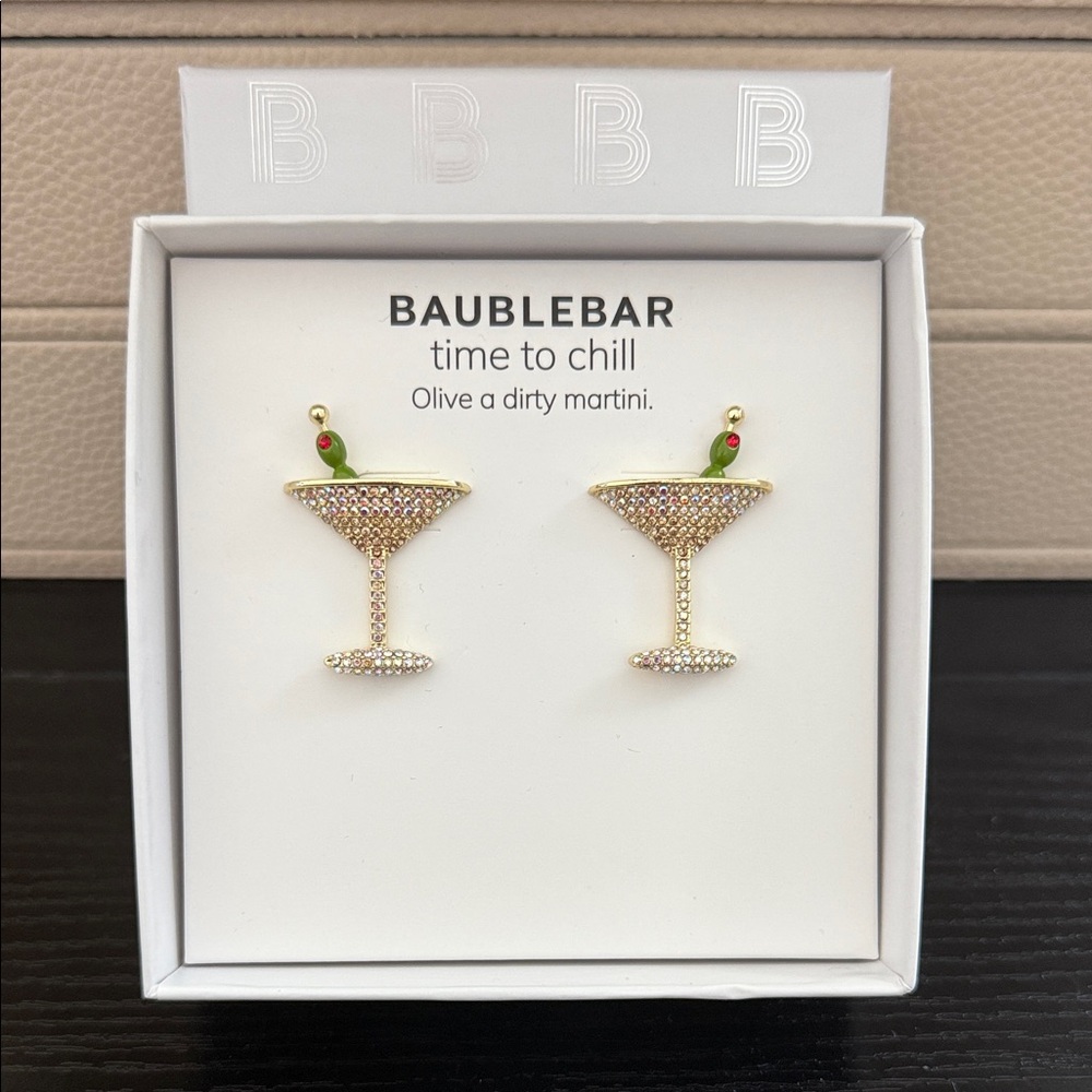 BaubleBar Gold Martini Earrings with Green Olive Accent